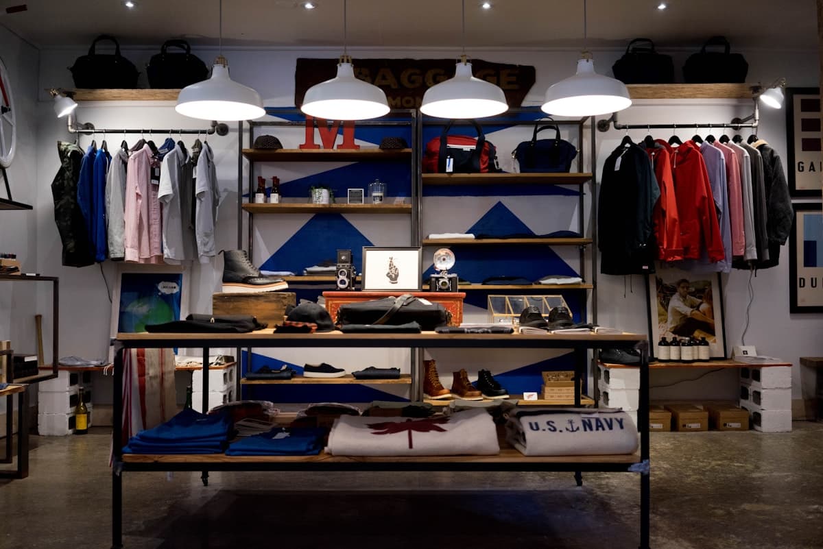 Interior luminoso de una tienda de moda con prendas organizadas en exhibición
